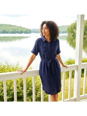 Weatherproof M 8/10 Cotton Belted Shirt Dress Gauze Lightweight Collared Pocket